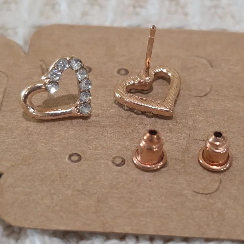 NOS Rose Gold Open HEART Rhinestone Accent Stud Pierced Earrings